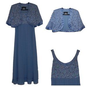 2 Piece Blue Floral Lace and Sequin Sleeveless Maxi Dress with Jacket Size 8
